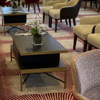 Rectangular Wood Coffee Table with Brass Accents and Legs
